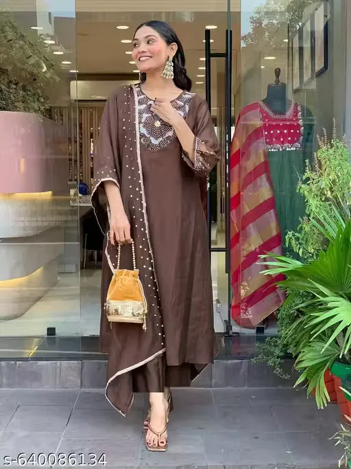 Women's New Heavy Hand Worked Silk Anrkali Kurta set with Pant and Dupatta