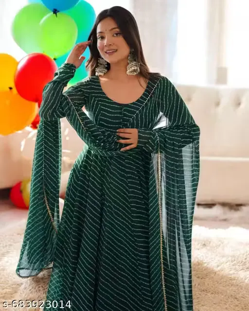 Emerald Shine Georgette Stripe Anarkali Gown With Dupatta