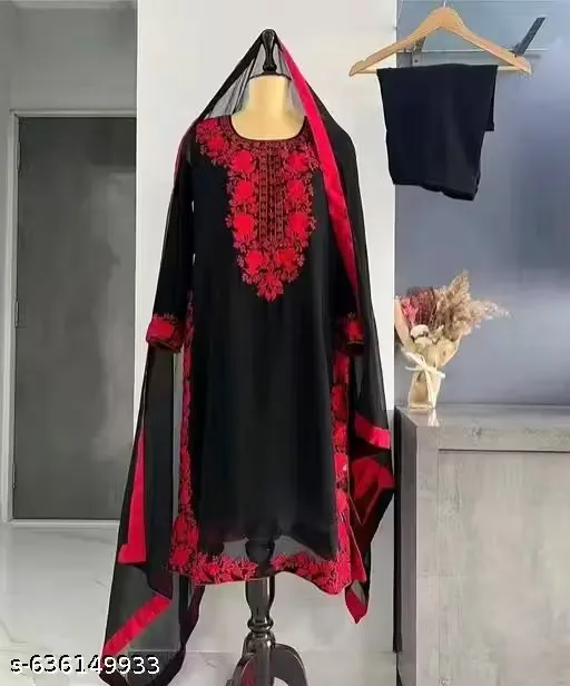 Women Black & Red Georgette Embroidered Suit Set | Stylish Kurti Pant Dupatta Set | Party Wear Dress