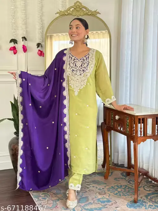 Pista Embroidered A-Line Kurta Set with Matching Dupatta