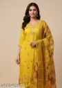 Yellow Embroidered Rayon Kurti Set with Organza Dupatta.