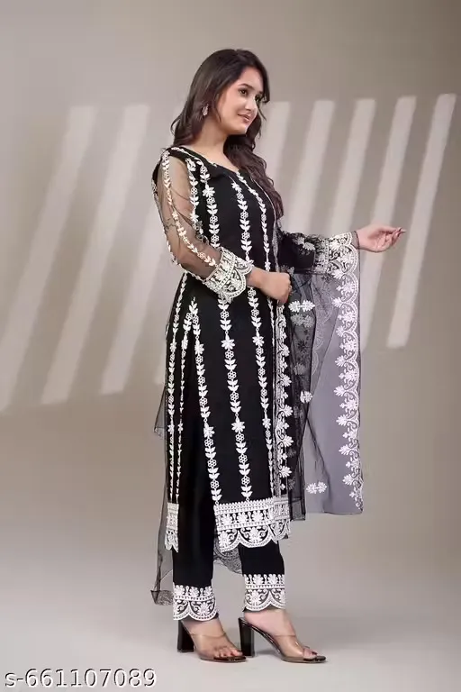 Elegant Black and White Embroidered Kurti Set – Designer Anarkali Style with Sheer Sleeve & Dupatta
