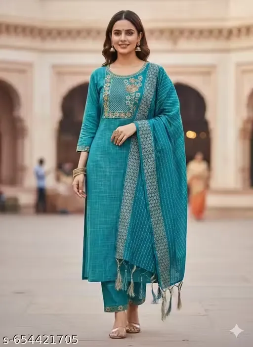 Designer Cotton Kurta Pant Dupatta Set | Teal Embroidered Suit for Women